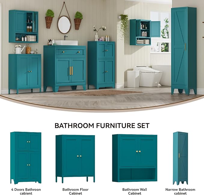 YAUWOH Narrow Metal Cabinet with 4 Adjustable Shelves and Barn Doors,Tall Bathroom Storage Cabinet, Metal Pantry Organizer for Kitchen,Home Office, Dining Room,Blue