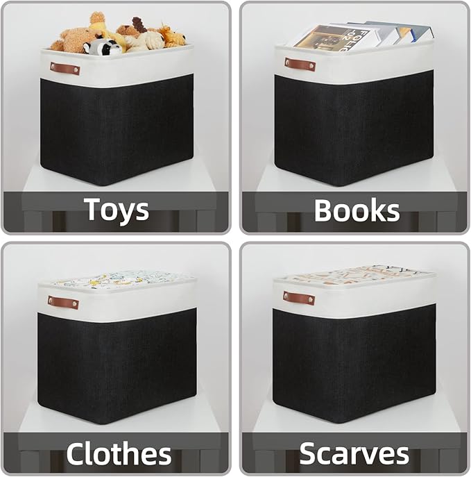 HNZIGE Baskets Shelf Baskets for Clothes 2 Pack Large Storage Bins Fabric Baskets for Organizing, Collapsible Rectangular Canvas Linen Storage Basket with Handles for Storage Closet (White&Black)