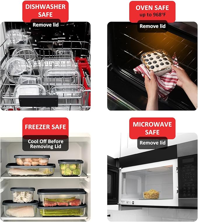 EATEX 14 Pack Glass Meal Prep Containers with Grooved Base, 14 Stackable BPA Free Glass Storage Containers with Lids for Lunch, Pantry, and Kitchen - Microwave, Dishwasher Freezer & Oven Safe - Black