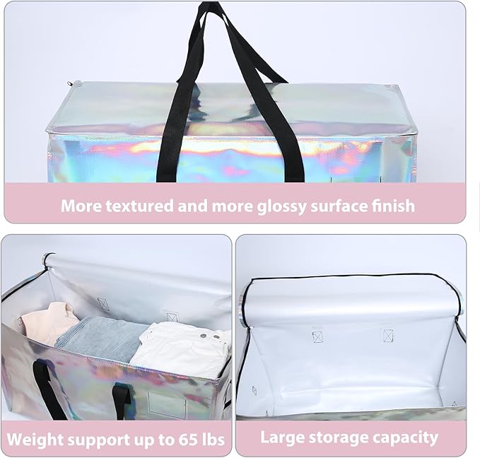 6 Pack Moving Bags Heavy Duty, Extra Large Moving Bags, Moving Supplies, Storage Bags with Handles and Zippers, Waterproof Totes for Storage Saving Packaging Shipping and Travel(Laser Silver)