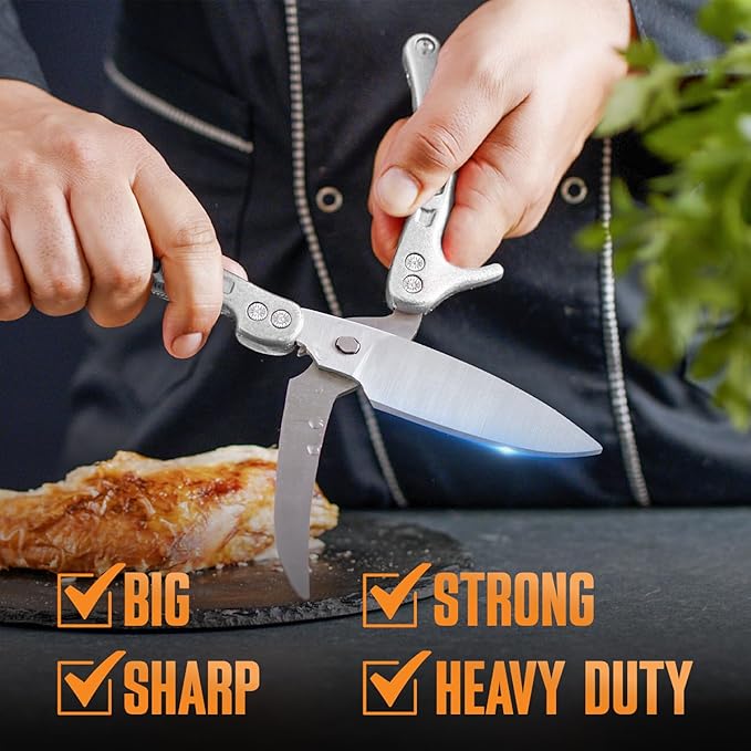 Poultry Shears Heavy Duty Professional, Turkey Shears for Chicken & Bone Cutting, Meat Cutting Scissors, Spring-Loaded Multi-purpose Kitchen Scissors, Dishwasher Safe, Non-Slip Handle, Silver