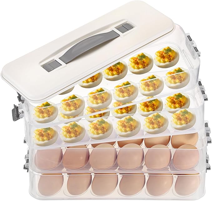 BSTKEY Deviled Egg Containers with Lid, 4 Layer Deviled Egg Platter Carrier Trays for 48 Eggs, Fridge Stackable Portable Egg Holder with Handle for Home Kitchen Party Easter Picnic