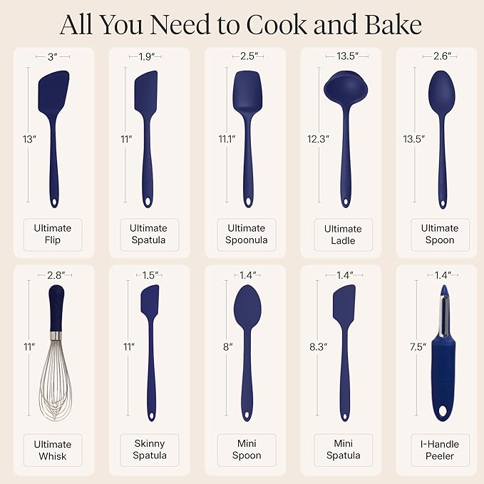 GIR: Get It Right 10-Piece Silicone Ultimate Kitchen Utensil Set – Spatulas, Ladle, Flip, Spoons, Whisk, Peeler & Spoonula – Nonstick, Non-Toxic, Heat-Resistant – Navy