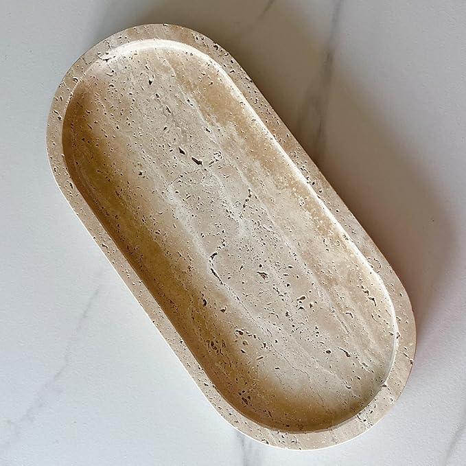 SAIDKOCC Natural Marble Oval Tray Ornaments Vintage Small Tray Storage Dish for Counter, Vanity, Dresser, Nightstand and Desk (Beige Travertine)