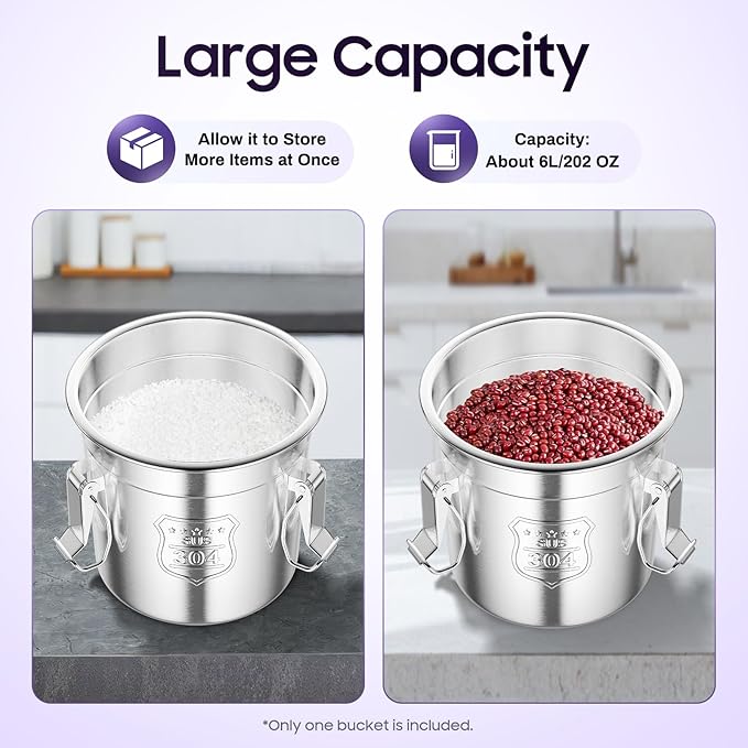 Stainless Steel Airtight Canister for Kitchen, 6L/1.59Gal Metal Food Storage Container Flour Bucket with Lid & Clamps, Bean Rice Cereal Canister Holder for Kitchen Restaurant, D7.9*H7.9in