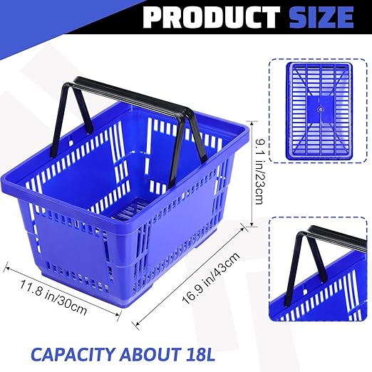 Set of 20 Blue Shopping Basket with Handles 18 L Plastic Grocery Basket 16.9 x 11.8 x 9.1 Inch Bulk Portable Hand Shopping Carts for Retail Store Supermarket Grocery Supplies