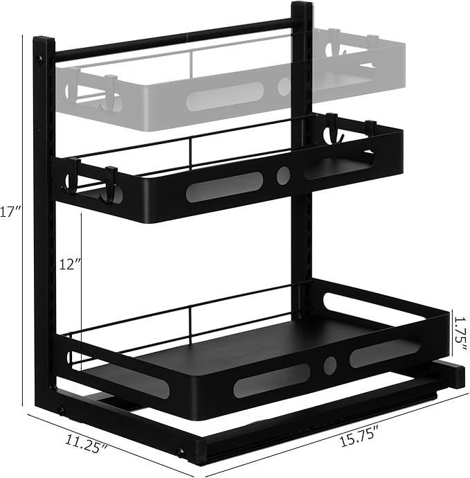 Basicwise Adjustable Height Under Sink Pull-Out Organizer 2-Tier Sliding Shelf Rack Heavy-Duty Mesh Baskets for Kitchen & Bathroom Cabinets Ideal for Tall Bottles Cleaning Supplies & Tight Spaces