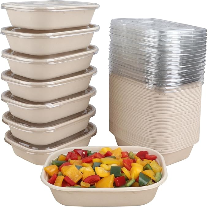 JAYEEY 35 oz Disposable salad bowls with lids, Sugarcane Fiber Paper Bowls take away food containers meal prep Plant Fiber deli container 50 Pack