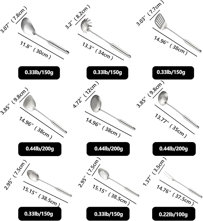 NIITAWH 18/10 Stainless Steel Kitchen Utensils, 9 PCS Metal Cooking Utensils Set 15", Solid and Slotted Spoon, Fork, Spatula, Ladle, Skimmer, Slotted Spatula Tunner, Spaghetti Large Spoon
