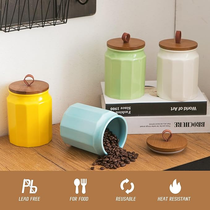 Canister Sets for Kitchen, Set of 4 Ceramic Kitchen Canisters for Countertop with Airtight Wood Lids, Large Flour and Sugar Containers for Coffee, Tea, Spice