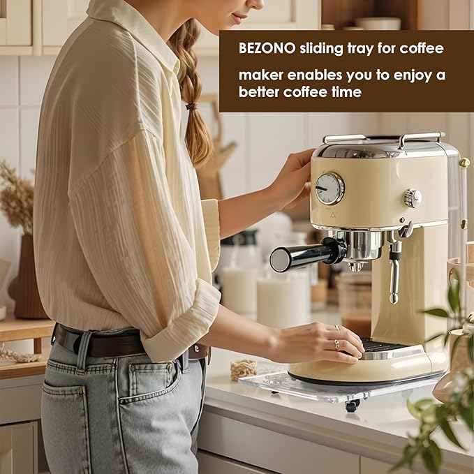BEZONO 360° Sliding Tray for Coffee Maker & Kitchen Appliances - Silent Rubber Wheels, Clear Acrylic Organizer Tray for Under Cabinet - Space Saving Countertop Accessory, 13x14 Inch (Clear)