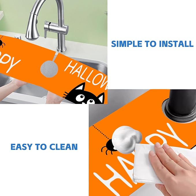 Halloween Cute Black Cat Kitchen Sink Splash Guard Mat Absorbent Fast Drying Mat Faucet Draining Mat Sink Splash Guard Behind Faucet Drip Catcher for Kitchen Bathroom 5.5"×24"