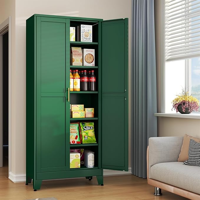 erosoei 75.2”H Metal Kitchen Pantry Storage Cabinet, Storage Cabinets with Adjustable Feet and Shelves,Food Pantries Cupboard for Kitchen, Living Room, Laundry Room and Dinning Room（Green）