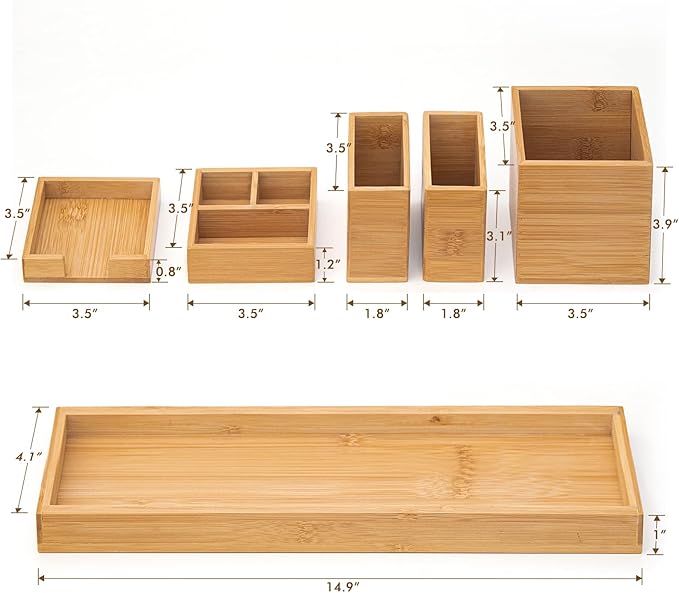 ROCDEER Bamboo Vanity Tray, 6-Piece Bathroom Countertop Vanity Tray Set, Makeup Kitchen Desk Organizer and Storage - Holds Small Items