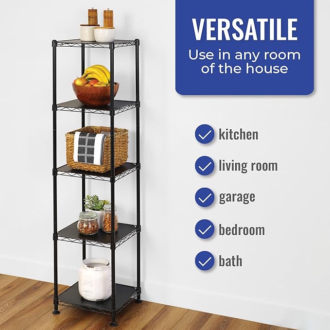 SafeRacks - NSF Certified Storage Shelves, Zinc, Heavy Duty Steel Wire Unit with Adjustable Feet, Garage or Bakers Rack, Kitchen, Pantry Shelf - (14"x14"x60" 5-Tier) (Black)