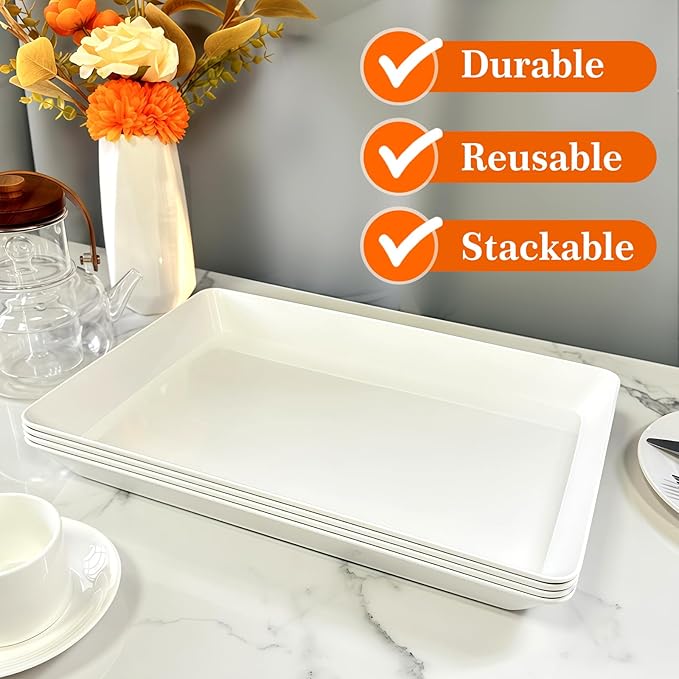 AMGBZT Serving Tray Platter, 3 Pcs Food Tray for Veggie Fruit Snack Dessert Cookie Cheese, Food Trays for Party Supplies Display, Plastic Platters for Serving Food, Large White Trays, BPA Free