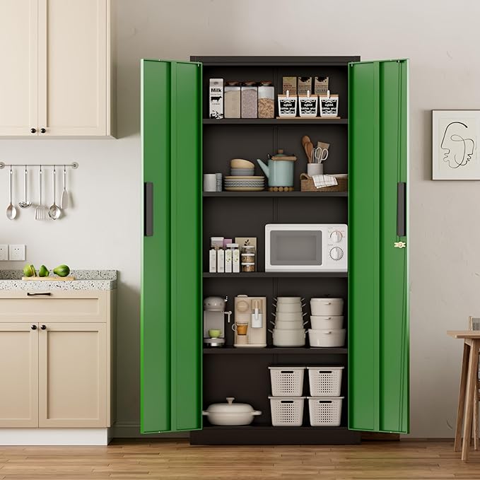 Greenvelly Metal Cabinet, 63”Tall Kitchen Pantry Storage Cabinets with 2 Lock Doors and 4 Adjustable Shelves,Black Green Kitchen Cabinet Storage for Dinning Room,Garage,Office