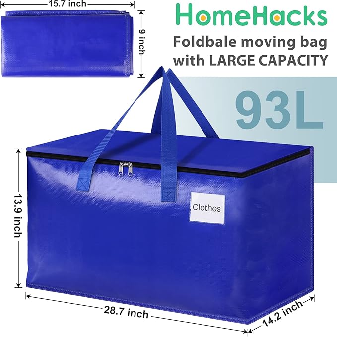 HomeHacks Moving Bags Heavy Duty with Strong Zippers and Handles Collapsible Moving Supplies, Storage Totes for Packing & Moving Storing 93L,4-Pack, Blue