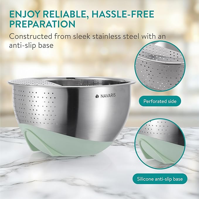 Navaris 22cm Stainless Steel Colander - Tiltable Sieve w/Front Strainer, Non-Slip Silicone Base - Metal Fruit Washer - Sieves and Strainers for Rice, Pasta, Food - Mint Green