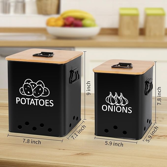 Potato and Onion Storage Bin, Set of 2 Vegetable Storage Tins with Wooden Lids & Side Handles, Dual-row Ventilation Holes, Farmhouse Metal Kitchen Canisters Sets, Black