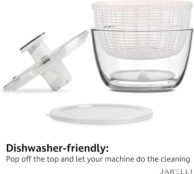 JARELLI Glass Salad Spinner Large Capacity 6.3QT with Storage Lid | Boroscilicate Glass Bowl and BPA-Free and Food-Safe Colander, Base, Spinner Lid and Storage Lid | Washing, Spinning, and Draining