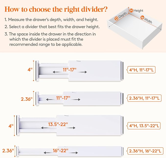 Lifewit 8 Pack Drawer Dividers 4" High, 11-17" Adjustable Dresser Drawer Organizers for Clothes, Expandable Drawer Separators in Kitchen/Bedroom/Bathroom/Vanity/Office Organization and Storage, White