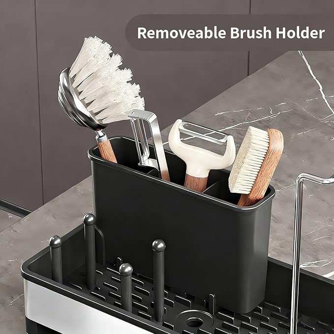 Sponge Holder for Kitchen Sink, Stainless Steel Sink Caddy with Brush Holder, Dishcloth Rack and Holds Soap Dispenser, Auto-Drain Rustproof Countertop Organizer (White)