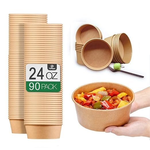 TOPtoper 24 Oz Large Paper Bowls【WITHOUT LIDS】 90 Pack Disposable Soup Bowls Plastic Free Party Supplies for Hot/Cold Food, Soup (24 OZ)