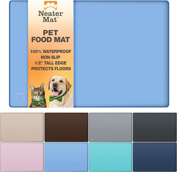 Neater Pet Brands Neater Mat Pet Mats for Food and Water, Cat & Dog Bowl Mat Waterproof Silicone, Feeding Tray, Dog Food Mats for Floors, Placemat w/Raised Edge for Under Bowls, 19” x 12”, Light Blue