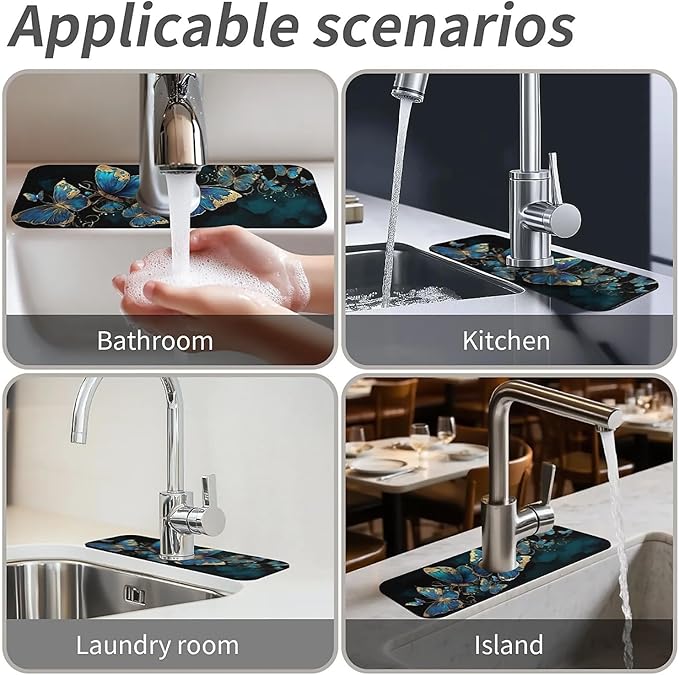 Kitchen Sink Splash Guard，Beautiful blue butterfly Faucet Mat Sink Gadgets-Super Absorbent Fast Drying Mat Drip Catcher for Kitchen, Bathroom,Sink Mat, Dish Drying Mat, Bathroom(15" X 5.5" )
