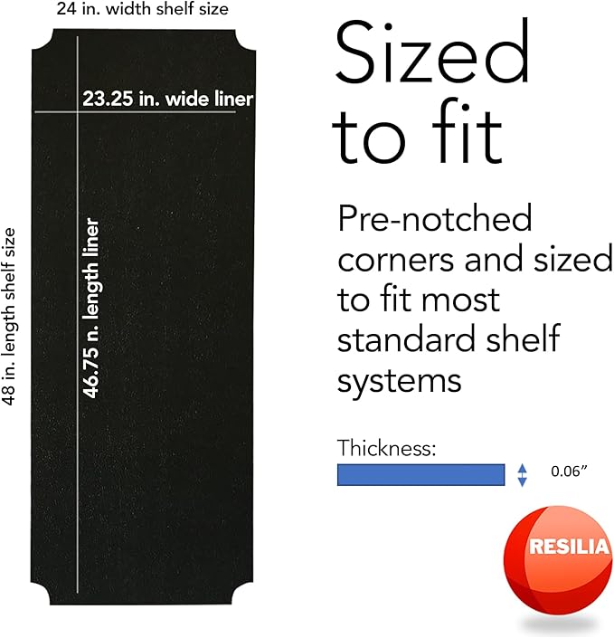 RESILIA Shelf Liner Set for Wire Shelving Rack – 4 Pack, 24 Inch Long x 48 Inch Wide, Black Plastic Vinyl Covers for Kitchen, Pantry, & Garage Racks, Made in The USA