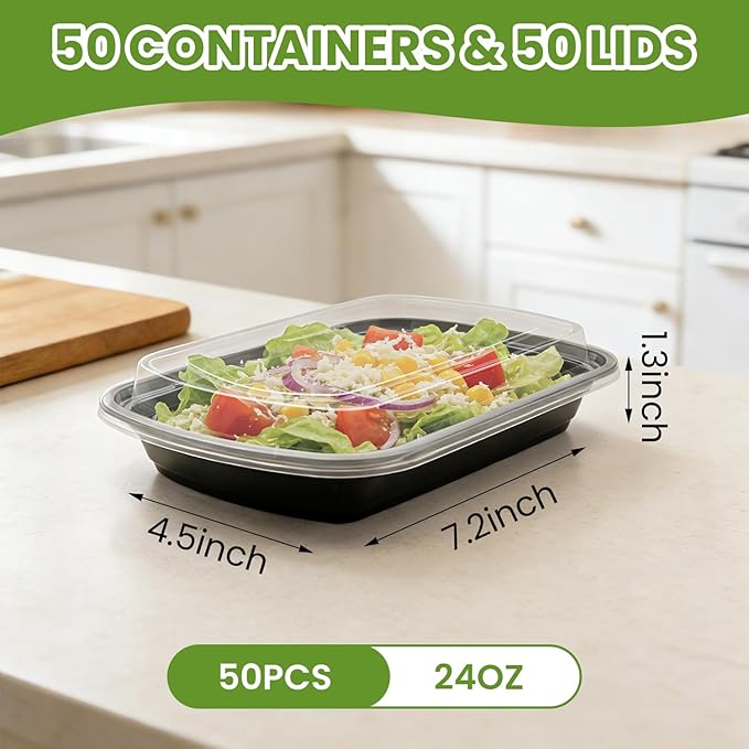 SEIION 24oz 50Pack Meal Prep Containers 1 Compartment with Lids, Food Storage Containers, Sturdy Leakproof & Food Safe, Microwave, Freezer, Dishwasher Safe Bento Box, BPA Free
