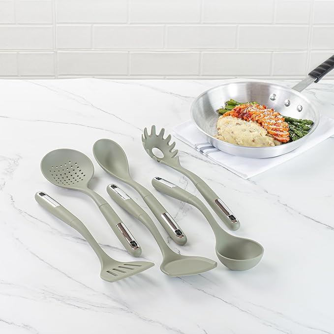 Restaurantware Silicone Utensil Set Pack of 1 Non-Slip Handle 6-Piece Kitchen Tool Set, Heat-Resistant Dishwasher-Friendly Cooking Accessories, Durable Green Cooking Utensils
