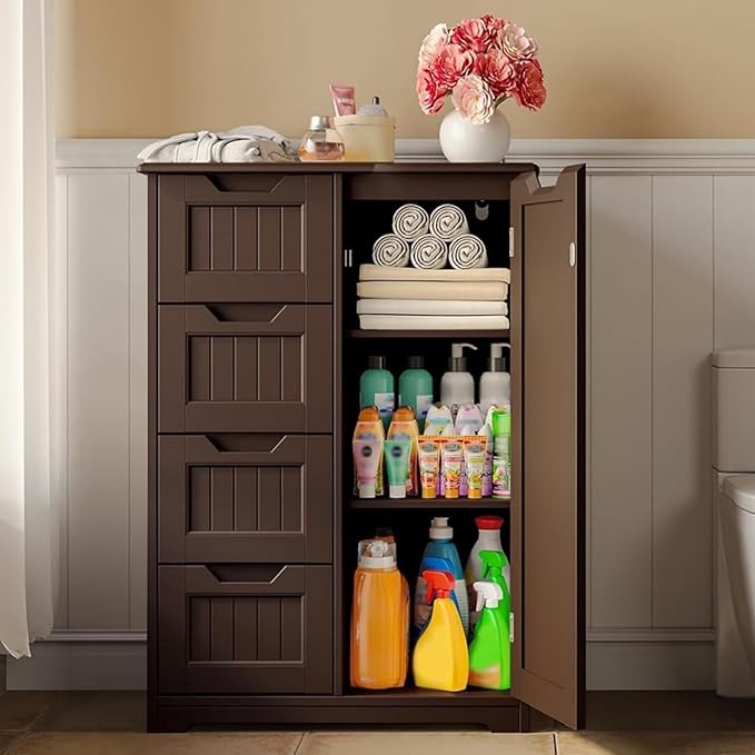 Gizoon Small Pantry Storage Cabinet with Door and Shelves, 33'' Pantry Cabinet Freestanding Wooden Bathroom Storage Cabinet with 4 Drawers for Kitchen and Dining Room, Dark Brown