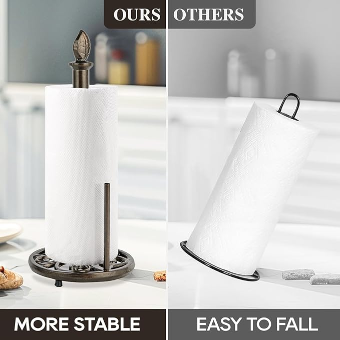 JOGREFUL Paper Towel Holder Stand, Cast Iron Kitchen Paper Towel Countertop Vintage Stand with Weighted-Base, Bathroom Organization for Family Standard Large Size Roll Paper, Leaf Top, Coffee Gold