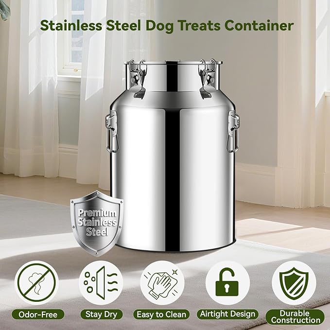 Newget 21lb Stainless Steel Dog Food Storage Container, Metal Pet Storage Container with Airtight Hangable Lid to Keep Food Fresh, Large Cat Food Storage Container with Scoop to Easily Clean