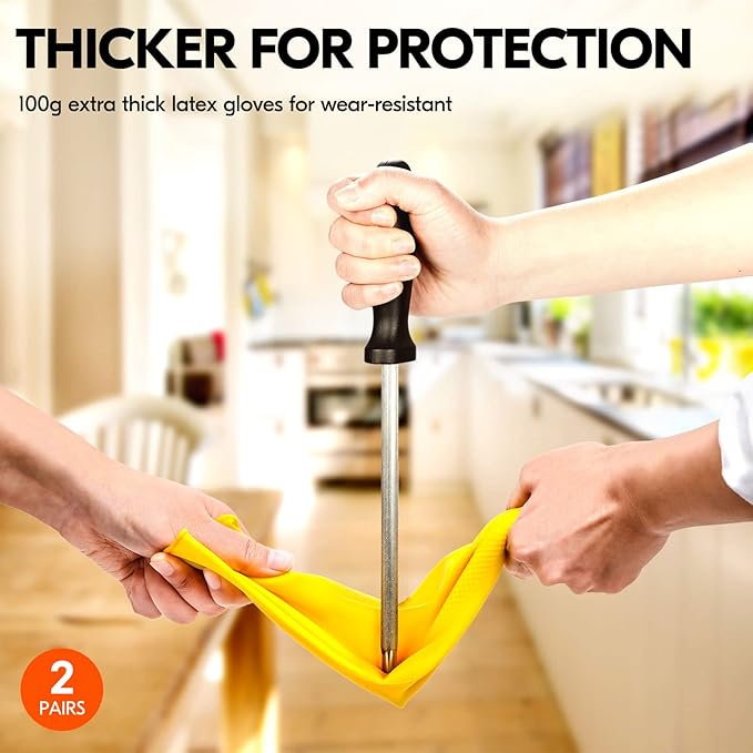 Vgo... 2-Pairs Reusable Household Gloves, Rubber Dishwashing gloves, Extra Thickness, Long Sleeves, Kitchen Cleaning, Working, Painting, Gardening, Pet Care (Size L, Yellow, HH4601)