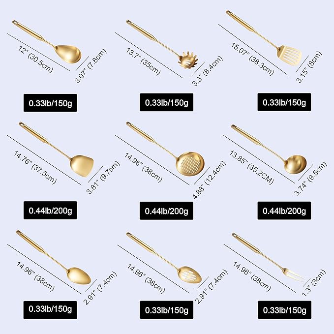 NIITAWH Gold Kitchen Utensils Set 18/10 Stainless Steel, 9 PCS All Metal Cooking Utensils Set 15" with Solid and Slotted Spoon, Fork, Spatula, Ladle, Skimmer, Slotted Tunner, Spaghetti and Large Spoon