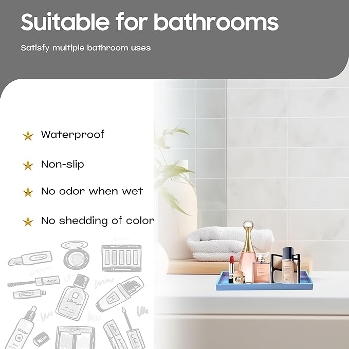 Mriluvy Vanity and Bathroom Tray, 7.7" ABS Countertop Organizer,Waterproof Vanity Tray for Toilet Tank,Perfume,Soap,Keys,Bathroom Accessories,Kitchen and Bath Trays,Non Slip Small Trays,Blue,2 Pack