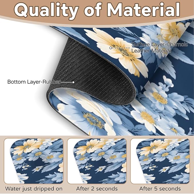 Deep Blue Floral Kitchen Faucet Mat Splash Guard, 15.4”x5.7” Absorbent Quick Drying Sink Mat for Countertop Protection, Draining Mat Sink Protectors For Kitchen Bathroom, 2 Pack