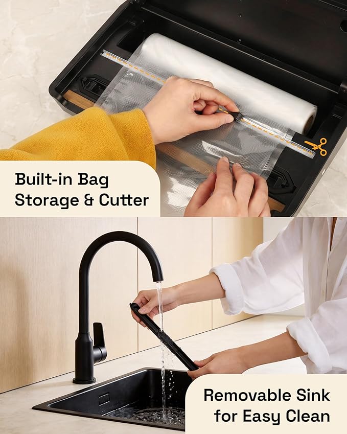 HBN Vacuum Sealer Machine Commercial Automatic Food Vacuum Sealer Built-in Cutter & Bag Storage Countertop Vacuum Sealer with Automatic Hands-Free Lid SUS Stainless Steel 1 Bag Roll & 20 Bags