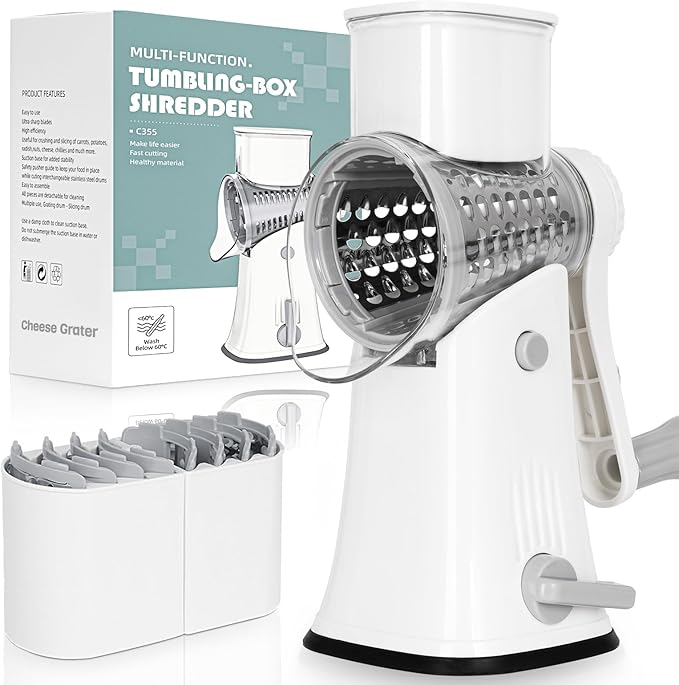 Nexsujo 5-in-1 Rotary Cheese Grater Hand Crank, Vegetable Slicer Shredder with 5 Interchangeable Blades, Graters for Kitchen, Safe Kitchen Tool for Cheese, Nuts, Chocolate, White