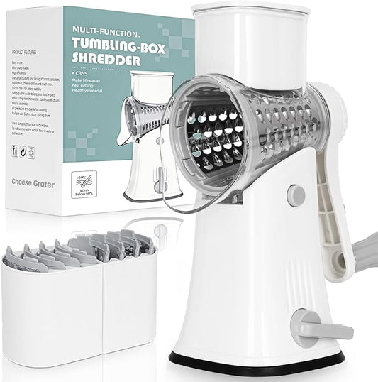 Nexsujo 5-in-1 Rotary Cheese Grater Hand Crank, Vegetable Slicer Shredder with 5 Interchangeable Blades, Graters for Kitchen, Safe Kitchen Tool for Cheese, Nuts, Chocolate, White