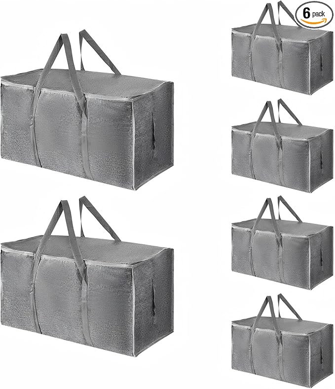 6 Pack-Extra Large Heavy Duty Moving Bags - Waterproof Storage Totes with Handles & Zippers, Foldable for College Dorm, Storage (Gray)