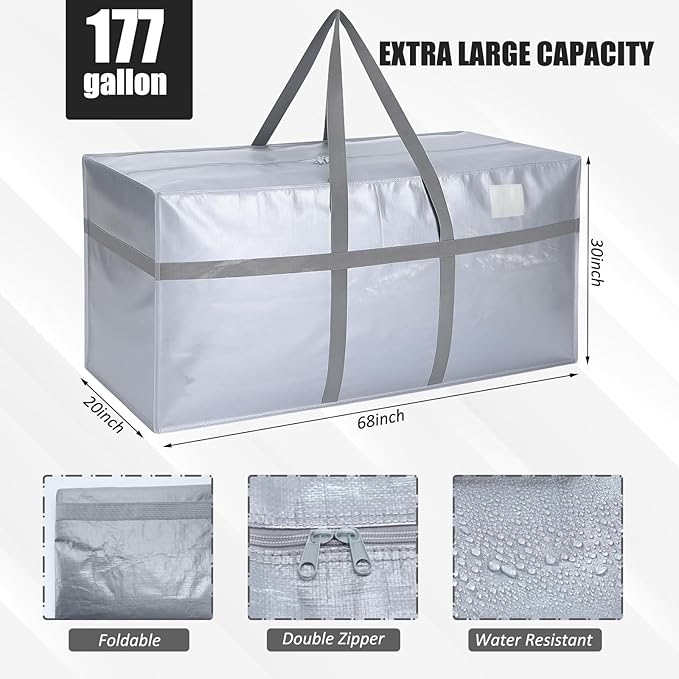 Windyun 4 Pack 177 Gallon Extra Large Moving Bags XXL Heavy Duty Storage Bag with Strong Zipper Handle Jumbo Big Tote Box Foldable for College Dorm Travel Clothes Duffle Blanket Pillow(Silver)
