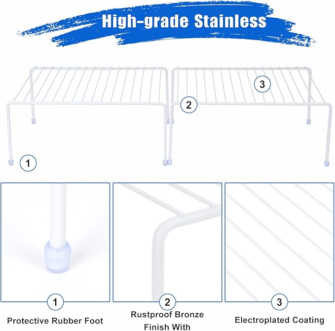 JBESUHI Medium (13.1 x 10.2 Inch) Cabinet Storage Shelf Rack, Shelves，Kitchen Counter and Cabinet Shelf, Storage Rack Organizer for Kitchen, Fridge, Cabinet, Bathroom Cupboard& Pantry (2, White)