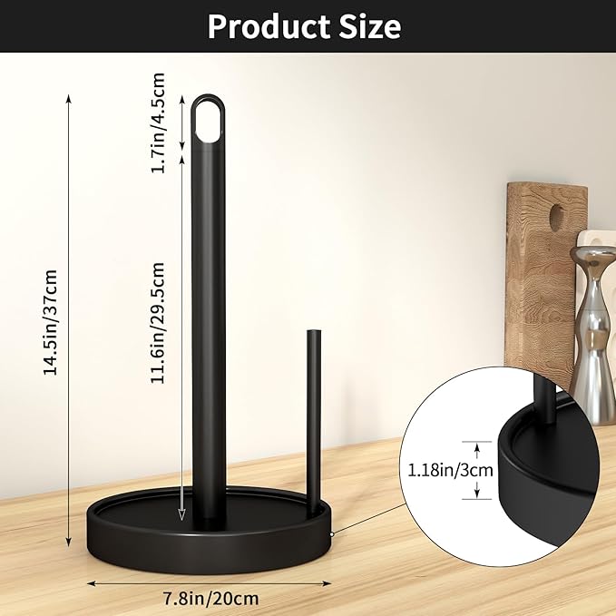 Paper Towel Holder Countertop, Black Paper Towel Stand with Portable Design and Weighted Base, Stainless Steel Heavry Duty Paper Towel Roll Holder for Kitchen Bathroom