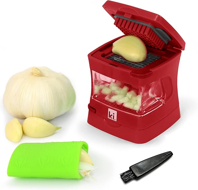 Kitchen Innovations Garlic-A-Peel Garlic Press, Crusher, Cutter, Mincer, and Storage Container - Includes Silicone Garlic Peeler - Easy to Clean - Stainless Steel Blades – (Red), standard