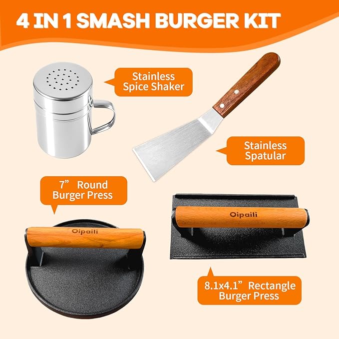 Smash Burger Press Kit for Griddle, 4PCS Heavy-Duty Cast Iron Round Burger Smasher & Rectangle Grill Press Meat Steak Weight for Bacon, Paninis, Hamburger, Sandwich, with Spatula & Seasoning Shaker