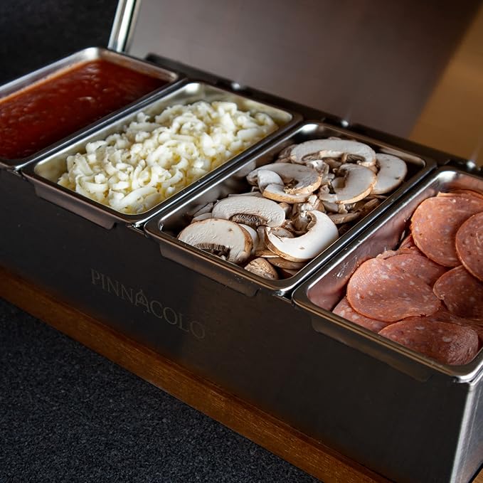 Pinnacolo 4 Slot Condiment Carrier, Stainless Steel Holders, Silicone Lids, and Gel Packs - Portable and Versatile for Outdoor BBQs and Parties